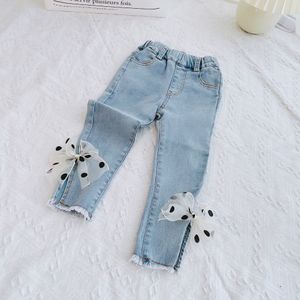 Frühling Mädchen Baby Kleidung Polka Dot Schleife Split Jeans Hosen für Mädchen Kleidung Mid-taille Elastische Band Stretch Denim hosen