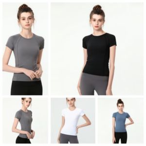 AL-012 T-shirt de designer de verão, top esportivo feminino, camiseta de corrida fina, roupas de fitness apertadas, gola redonda, treinamento, ioga, manga curta