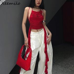 Женские танки Camis xeemilo Vintage Red Off Plouds Top Top Y2K шикарные 3D -цветочные оборки без спины лето 2023 Сексуальные плиссированные блюда Camisole 230715