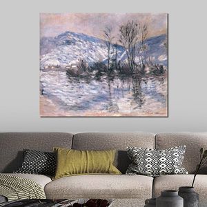Handgjorda Claude Monet Oil Målning Seinen vid Port Villez Snow Effect 02 Modern Canvas Art Modern Landscape Living Room Decor