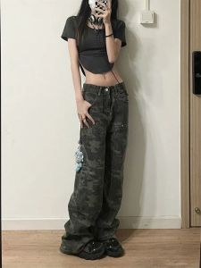 Камуфляж зеленые грузовые брюки женщины y2k хиппи с низким ростом джинсы ретро -уличная одежда Армия Армия Армия Широкие джинсовые брюки