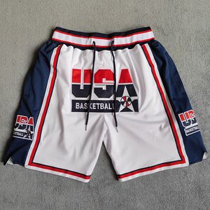 メンズショーツMMマスミグホワイト1992アメリカドリームチーム刺繍バスケットボールショーツとポケット230715