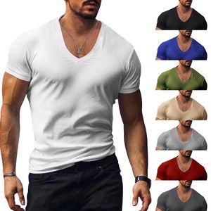 T-shirt da uomo estate europea e americana da uomo con scollo a V tinta unita T-shirt casual sottile aderente a maniche corte T-shirt