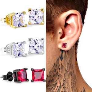 Hip Hop rapper Mannen Oorknopjes Sieraden Goud Zilver vierkant Diamant 8mm gekleurd rood vierkant grote zirkoon oorbellen nachtclub Sieraden accessoires 1477