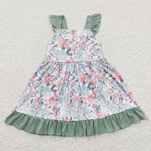 La ragazza veste i vestiti all'ingrosso dell'increspatura verde del fiore di estate del fiore di estate dei vestiti dei bambini dei bambini delle maniche corte dei bambini del vestito floreale del bambino all'ingrosso