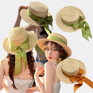Geniş Memlu Şapkalar Yaz 7cm Plaj Kadın Kız Klasik Yuvarlak Düz Yağlı Saman Şapka Şapka Yay Zarif Lady Sun Cap Chapeau Sombreros