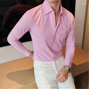 Männer Casual Hemden Vintage Plaid Für Männer Blaue Bluse Langarm Slim Fit Camisa Korea Stil Original Designer Rosa Jugend mann Kleidung 4XL