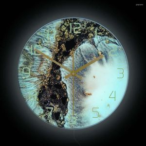 Wall Clocks Marble Coral Colors Golden Powder LED Backlit Printed Clock For Bedroom Glitter Texture Nordic Luxury Home Decor Watch