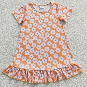 ガールドレス卸売ブティックベイビーサマーキッドオレンジ色の袖花フローラルドレス子供幼児膝の長い一枚の花の服
