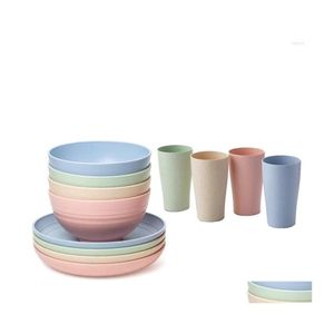 Dinnerware Sets Wheat St Unbreakable Reusable Lightweight Bowls Cups Plates Tableware Kitchen Cutlery Set Retail Drop Delivery Hom239F