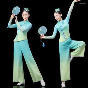 Traje de Palco Estilo Chinês Clássico Nacional Cintura Tambor Trajes de Dança Azul Yangko Vestuário Tradicional Oriental Fã