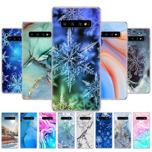 För Samsung Galaxy S10 Case SM-G973F Silicon Soft E Back Cover Plus G975F Marmor Snow Flake Winter Christmas