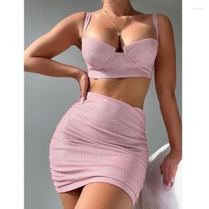 Vestidos de Trabalho 2023 Verão Sexy Tube Top Oco Slim Sem Alças Sem Costas Fino Flash Suspensório Saia Terno Vestidos