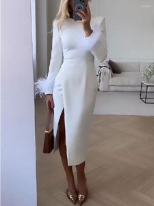 Casual Dresses Stylish Lady Feather Elegant Split Dress 2023 Spring Women Long Sleeve O Neck Bodycon Party Office White Midi