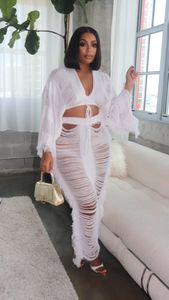 Two Piece Dress Elegant Hollow Out Hole Tassel 2 Set Women Sexy Lace Up V Neck Crop Top Long Skirts Skinny Club Party Beach Outfits 2023 230715