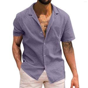 Mäns casual skjortor kort ärm skjorta gata slitit lapel knapp fast färg bomullsblandning lila för män vintage semesterblus