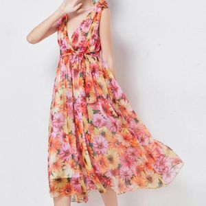 Print Dress for Women 2023 New Fashion Elegant Sleeveless Lace Up A Line Casual Dresses Vintage V Neck Summer Dress
