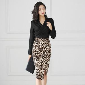 Work Dresses 2023 Autumn OL Office Ladies 2 Pieces Set Long Sleeve Shirt Top And Leopard Print Sheath Wrap Skirt Elegant Women Two Piece