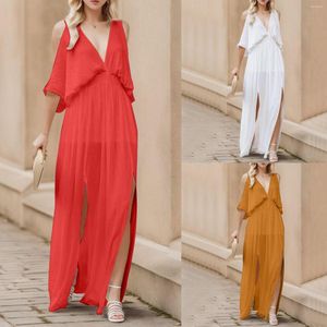 Casual Dresses Ladies Loose Dress Sexy Off Shoulder Side Slit Open Back Deep V Neck For Women Female Vintage Beach