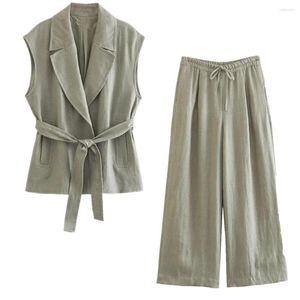Kvinnors träningsdräkter maxdutti French Country Style Ladies sets Gray Green Retro Sleeveless Suit Vest Loose Wide Leg Pants Fashion