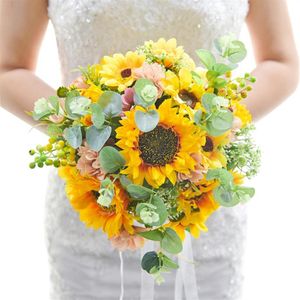 Dekorativa blommor kransar konstgjorda solros bukett silke falska blommor diy bröllop bukets mittstycken arrangemang party ho291h