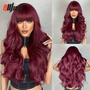 Synthetic Wigs Wine Red Synthetic Wigs Burgundy Long Wavy Wigs with Bangs for Black Women Cosplay Daily Natural Hair Wig Heat Resistant Fiber 230715