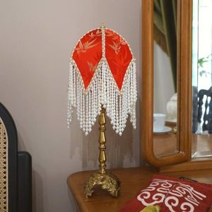 Table Lamps Red Handmade Fabric Lampshade Wedding Gift National Style Vintage Brass Bedroom Bedside Atmosphere Lamp