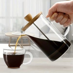 1pc French Press, 20.2oz, Heat Resistant Thick Glass, Bamboo Wood Lid 304 Stainless Steel Borosilicate Glass French Press, Cold Brew Coffee Maker