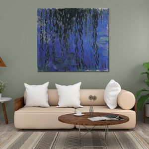 Handmade Claude Monet Oil Painting Water Lilies and Weeping Willow Branches Modern Canvas Art Modern Landscape Living Room Decor