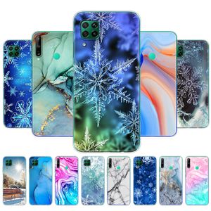 For Huawei P40 Lite 4G 5G Case Soft TPU Silicon Back Phone Cover E Bumper Marble Snow Flake Winter Christmas