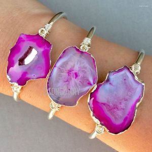 Braccialetto BM27691 Rosa Agata Geode Forma libera Polsino regolabile Filo avvolto Bracciale placcato argento Regalo damigella d'onore