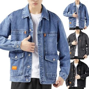 Jaquetas masculinas manga longa cor sólida bolso com lapela fashion jaqueta jeans vintage para inverno pesado casaco homem masculino sueco