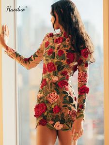 Temel gündelik deste dantel baskı kısa elbise zarif yarım yüksek yakalı ince parti çiçek uzun kollu bayan vestidos 230715