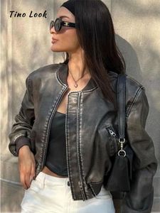 Women S Bomber Faux Leather Loose Jacket Vintage Stand Collar Zipper Long Sleece Short Coat Spring Lady Locomotive Style Crop Top 230715