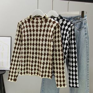 Women's Sweaters Plaid Sweater Female 2023 Slim Fit Half High Neck Tight Knit Korean Long Sleeve Bottomed Shirt