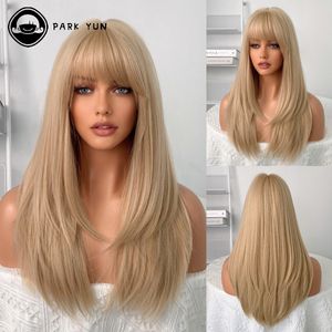 Synthetic Wigs Blonde Synthetic Wigs with Bangs for Woman Long Body Wave Hair Cosplay Lolita Party Natural Heat Resistant Wigs Fiber Daily Hair 230715