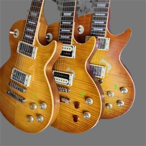 Anpassad butik Vintage Relic Honey Sunburst Electric Guitar Flame Maple Top Chrome Guitar Accessories 258