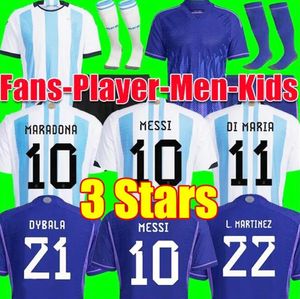 Camisas de futebol Argentina 3 estrelas Fãs jogador versão 2022 DYBALA MARTINEZ Maradona de paul camisa de futebol 22 23 Homens mulheres Crianças MESSIS conjuntos uniformes di maria