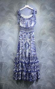 레이스 업 케이크 드레스 디자이너 패션 꽃 프린트 2023 가을/겨울 민소매 느슨한 정사각형 목 드레스 S-XXLDRESSES