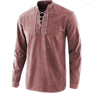 Camisas casuais masculinas retrô com cadarço, decote em v, manga comprida, camisetas, tops, primavera, moda masculina, roupas masculinas, elegantes