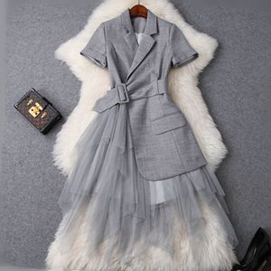 Grundlegende Casual Kleider Fashion Runway Sommer Dres Kleidung 2023 Elegante OL Kerb Kragen Blazer Patchwork Tüll Party Büro 230715