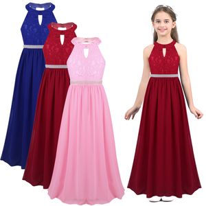 Girl's Dresses Teen Summer Lace Chiffon Halter Beaded Waist Flower Girls Dress Princess Pageant Evening Wedding Bridesmaid Birthday Party Dress 230715