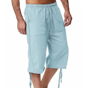 Calças masculinas de algodão Capris Calças de cintura elástica de cor sólida Calças de cintura com cordão Roupas de baixo respiráveis Pantalones Hombre