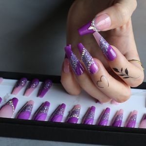 Künstliche Nägel, Luxus-Sarg-Glitzer, lila, klare künstliche Nägel mit Kristallen, Gel-Rosa, lange künstliche Nägel, Französisch verlängern, 230715