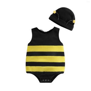 Kläder sätter baby pojkar flickor bi romper rand ärmlös baksida vit vingdekor jumpsuits sommar casual kläder spädbarn bodysduits med hatt