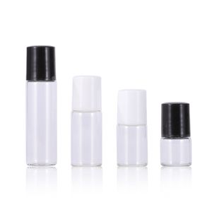 Schnelle Lieferung, Mini-Probenfläschchen, 1–5 ml, transparente Rollerflasche mit schwarz/weißem Verschluss und transparenter Stahlkugel