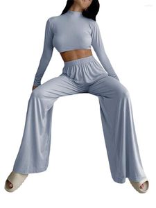 Active Set Women Fall Pants Outfits Solid Color Mock Neck Long Sleeve Crop Topps Wide-Ben 2 Pieces Clothes Set For Yoga Suits