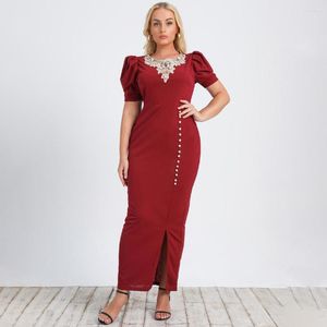 Plus Size Dresses ELLIEXI Women Summer Wine Elegant Dress Round Neck Puff Sleeve Split Sexy Bodycon Print Office Lady Vestidos