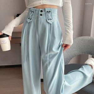 Women's Pants 2023 High Waist Drawstring Design Light Blue & Capris Loose Thin Wide Leg Casual Streetwear Mopping Q785