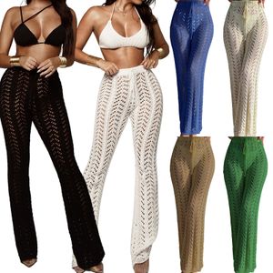 Women s Two Piece Pants Crochet Net Sexy Swimsuit Cover Up Lace Drawstring Hollow Out Wide Leg Trousers Simple Casual Summer for Seaside Travel 230715